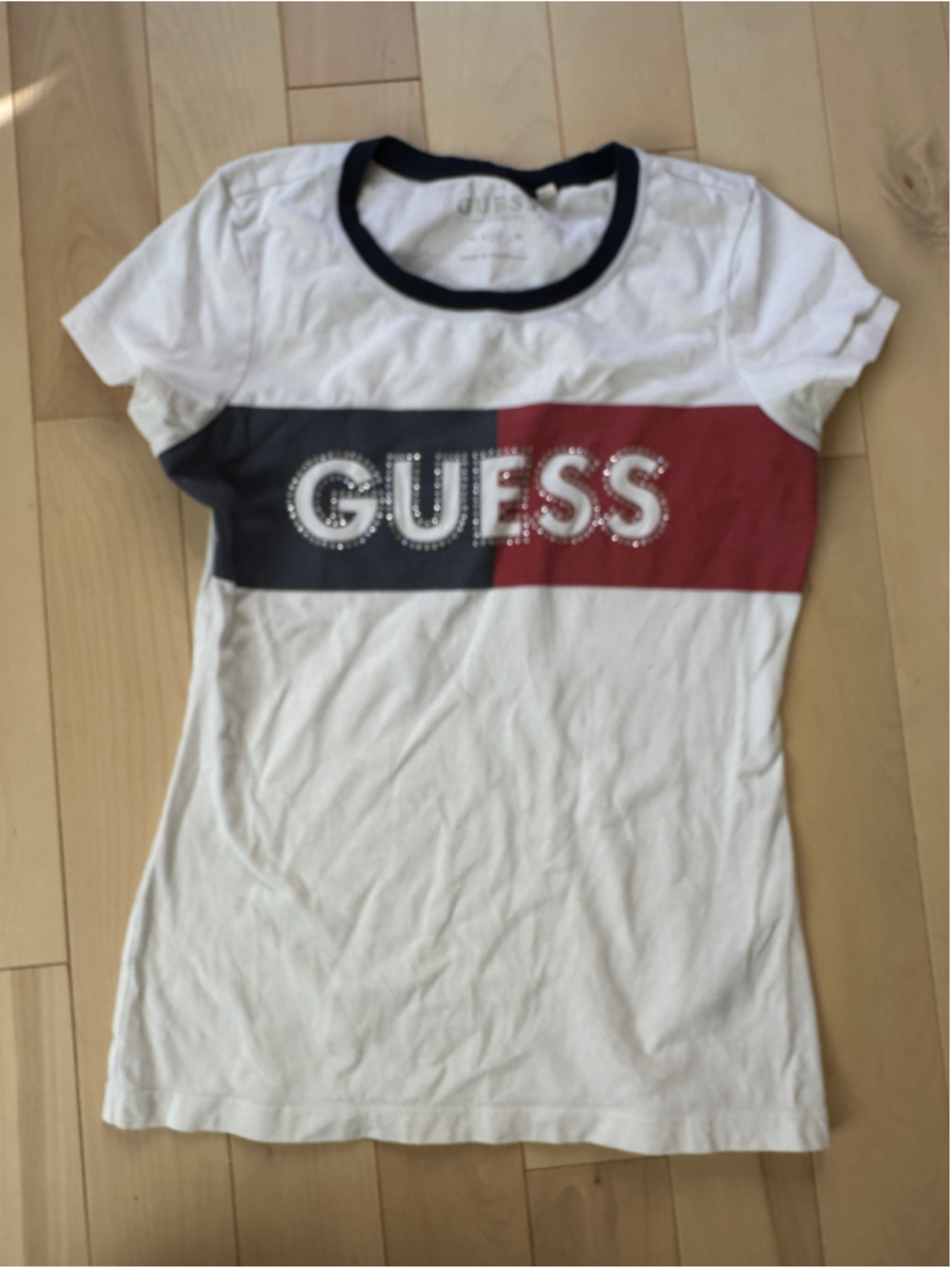 GUESS Y2K Rhinestone Logo Ringer Baby Tee Size M - Picture 2 of 9
